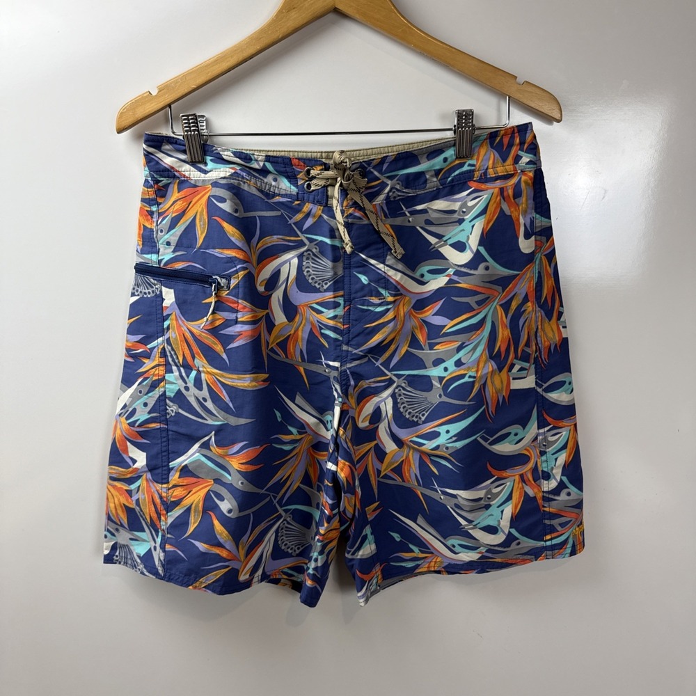 Patagonia Floral Birds Purple Swim Trunks Nylon Unlined Men's 31 8" inseam